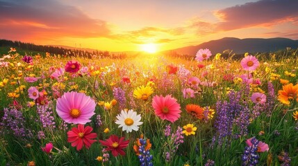 Obraz premium Vibrant wildflowers bathed in the golden light of a breathtaking sunset