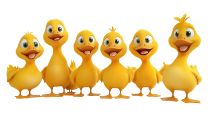 Charming animated yellow ducks stand together with playful expressions in a joyful display of friendship and fun