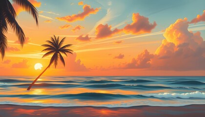 Fototapeta premium Sunset Serenity: Tropical Beach Paradise at Golden Hour