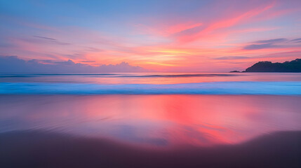 Naklejka premium Pink sunrise beach reflection, tranquil ocean, coastal landscape, travel postcard