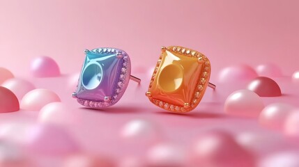 Colorful earrings displayed on a soft pink background with glossy beads creating a vibrant and cheerful atmosphere