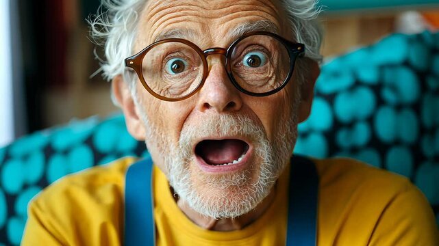 Man with glasses and a surprised expression on his face. He is wearing a yellow shirt and blue suspenders