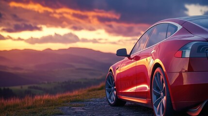 Naklejka premium Red car parked on scenic hillside during sunset with clouds
