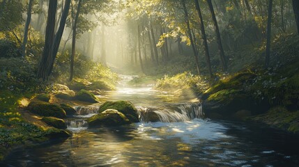 Obraz premium Sunlit forest stream, misty morning, tranquil nature scene, idyllic background (1)