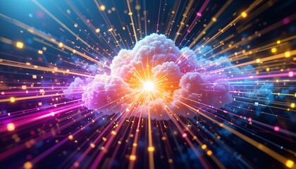 Fototapeta premium Radiant cloud bursting with colorful light streaks on a dark blue backdrop