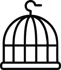 Bird cage, minimalist design, black outline, curved top, hook, simple illustration, white background, iconic symbol, pet accessory, containment, freedom concept, clean lines, vector graphic style, sym
