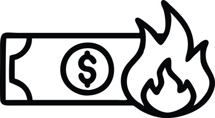 black and white icon, burning dollar bill, flame atop money, financial loss symbol, wealth destruction concept, simple graphic design, minimalist illustration, economic crisis metaphor, currency on fi