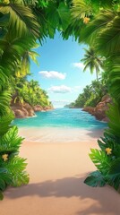 Fototapeta premium Secluded Tropical Cove A Tranquil Beach Seen Through Lush Foliage