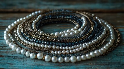 A stylish necklace display featuring layers of pearls and chains, arranged for a contemporary fashion look.
