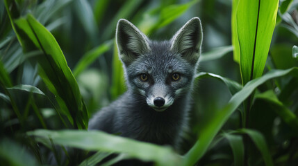 Playful Young Fox Kit in Majestic Forest, Upscaled Image, Vibrant, Wild, Nature fur grey cute canid 
