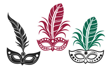 Obraz premium Carnival mask vector collection. Includes three ornate masquerade masks with decorative feathers and intricate patterns. Created in flat graphic style with black, maroon, and green color palette.