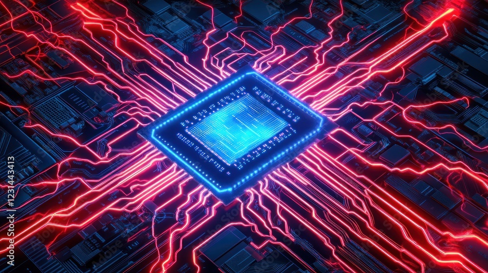 Poster glowing cpu with red and blue circuits.
