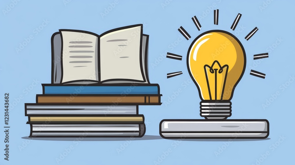 Poster open book atop a stack of books illuminated by a glowing lightbulb symbolizing knowledge and ideas