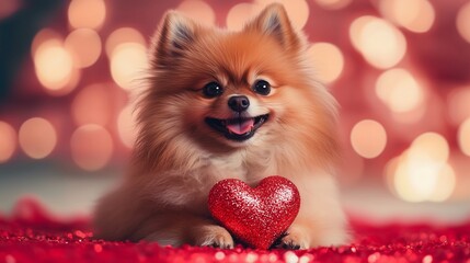 Obraz premium A fluffy Pomeranian sitting proudly with a glittery heart between its paws, smiling, romantic pink bokeh light background, pet portrait valentines day