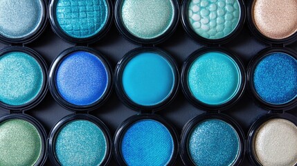 A trendy beauty flat lay with iridescent blue-green makeup compacts and chrome detailing