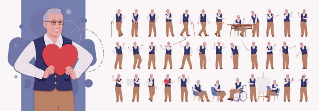 Senior man classic vest, retro vintage glasses character set. University professor, lecturer, old experienced, grey hair, older grandfather bundle, social active and healthy life. Vector illustration