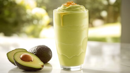 Glass avocado smoothie drink outdoor patio view background, minimalist healthy drink beverage