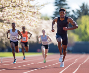 Runners compete on a sunny track surrounded by blooming trees during a local athletic meet in springtime