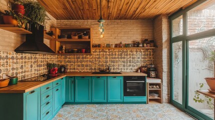 A tropical-themed kitchen with bright teal cabinets, sandy beige tiles, and a wooden ceiling