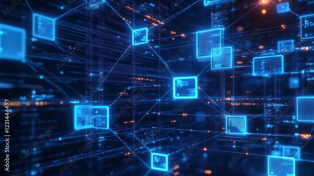 Poster Cyberpunk Digital Network with Glowing File Icons and Data Sharing Concept for Cloud Computing and Document Management
