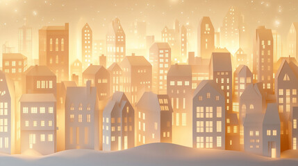 Fototapeta premium City in paper style. Silhouettes of buildings with windows and soft lighting, paper cut out effect. paper city background