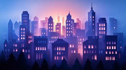Fototapeta premium City in paper style. Silhouettes of buildings with windows and soft lighting, paper cut out effect. paper city background