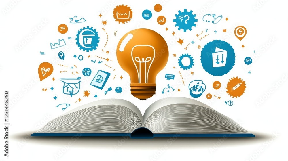 Poster illuminated ideas a glowing lightbulb emerging from an open book