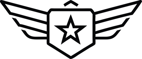Military emblem, winged shield, star insignia, geometric design, black and white, minimalist logo, aviation symbol, patriotic icon, sharp angular shapes, stylized wings, monochrome illustration, bold 