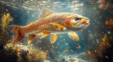 Naklejka premium Rainbow Trout Underwater Realistic Illustration with Aquatic Vegetation and Soft Light