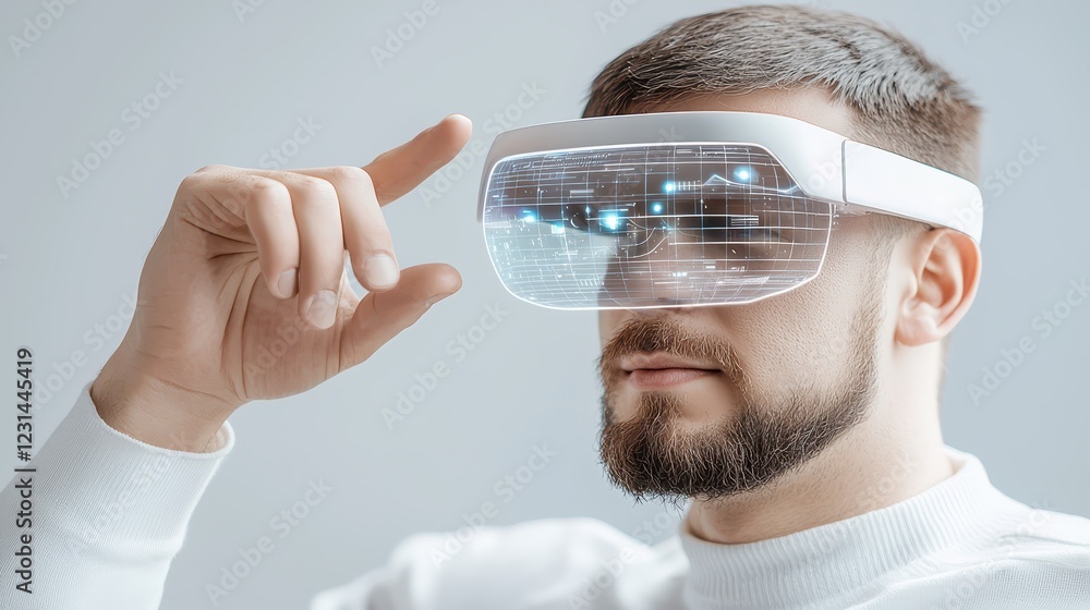 Poster man immersed in virtual reality, exploring the metaverse and experiencing the future of technology