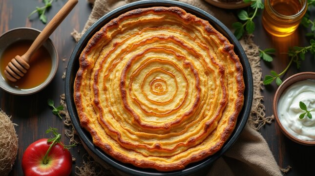 Discover the rich tradition of layered Albanian flija pancake with honey drizzle