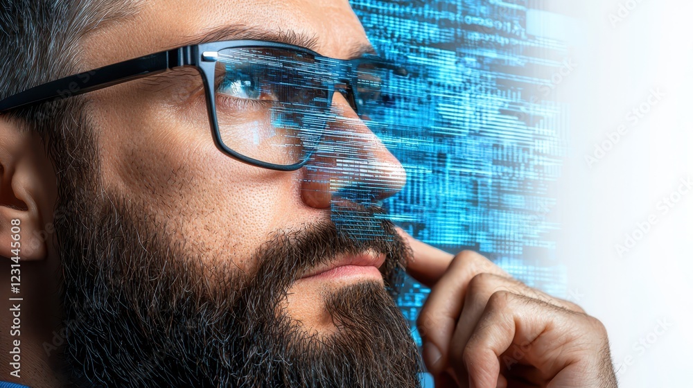 Aufkleber man with glasses and beard immersed in work on computer screen in modern office environment