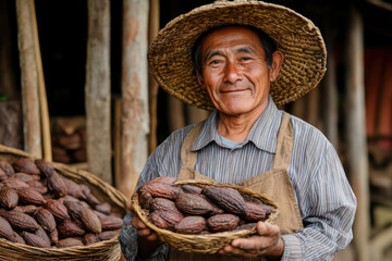 Fototapeta premium Man holding cocoa pods in traditional hat at rural farm setting in the morning light