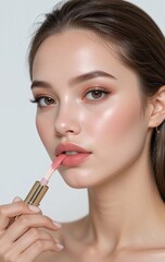 a beautiful perfect white woman use lipstik on the white backgrounds