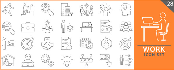 Work icon set. Containing job, career, employment, meeting, organization, teamwork and networking icons. Set icon collection. Vector illustration.