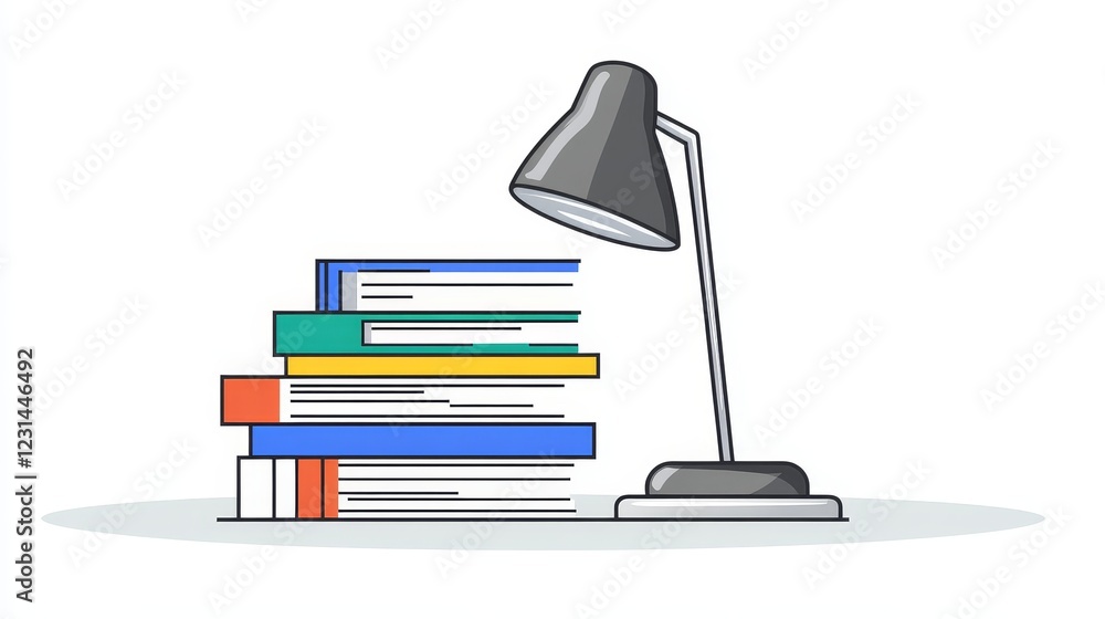 Aufkleber stack of books illuminated by a desk lamp in minimalist style