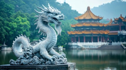 Obraz premium Majestic Stone Dragon Statue by a Serene Chinese Temple Lake: A Cultural and Historical Landmark