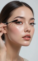 a beautiful perfect white woman using a Eyeliner on the white background
