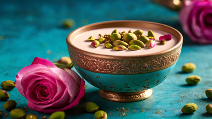 beautiful bowl of thandai garnished with pistachios and rose petals, surrounded by fresh rose and cardamom pods, creating elegant and inviting presentation