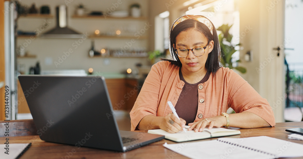 Poster Laptop, remote work and woman with notebook for client feedback, tech support or customer service help. Agent, website and virtual assistant for hotline advice, notes or faq for communication