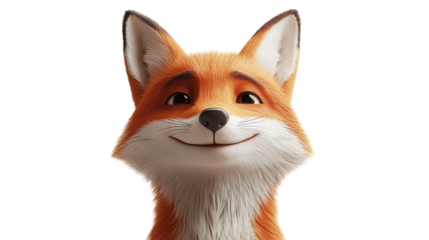 Cute orange fox character displaying a friendly smile with detailed fur in a bright background