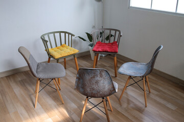 Empty Chairs In Circle At Minimalist Room. Counseling Or Meeting Room. 