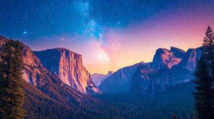 Majestic Yosemite Valley Under a Starry Sky: A Breathtaking Nighttime Landscape Panorama