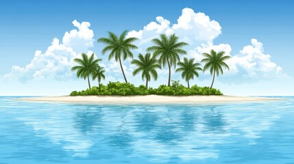 Idyllic Tropical Island Paradise Lush Palm Trees, Azure Waters, and Fluffy Clouds