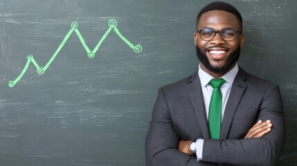 Businessman in suit presenting on chalkboard, a visual guide to effective communication and strategic planning for success