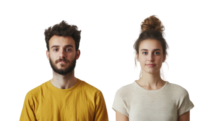 Portrait of a man and woman standing side by side against a white background, showcasing their unique styles and expressions