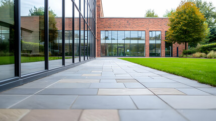 Fototapeta premium Modern office building exterior, paved walkway, green lawn
