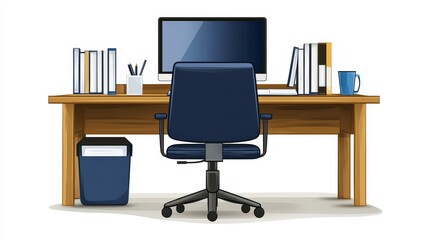 Empty office desk with computer, chair, and office supplies