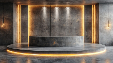 A wide gray concrete interior with a central podium and sleek linear lamps on the wall exudes minimalism and modern elegance bright light tones create depth with blurred empty caption space on the sid