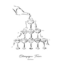 Champagne Twoer. Elegant pyramid of glasses with champagne. Wedding stationery and signage. Doodle line art. Hand drawn style. Vector illustration.